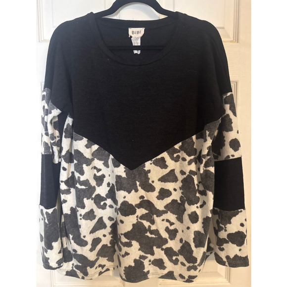 BiBi Tops - Women's BiBi Long Sleeve Tee M Black White Cow Print